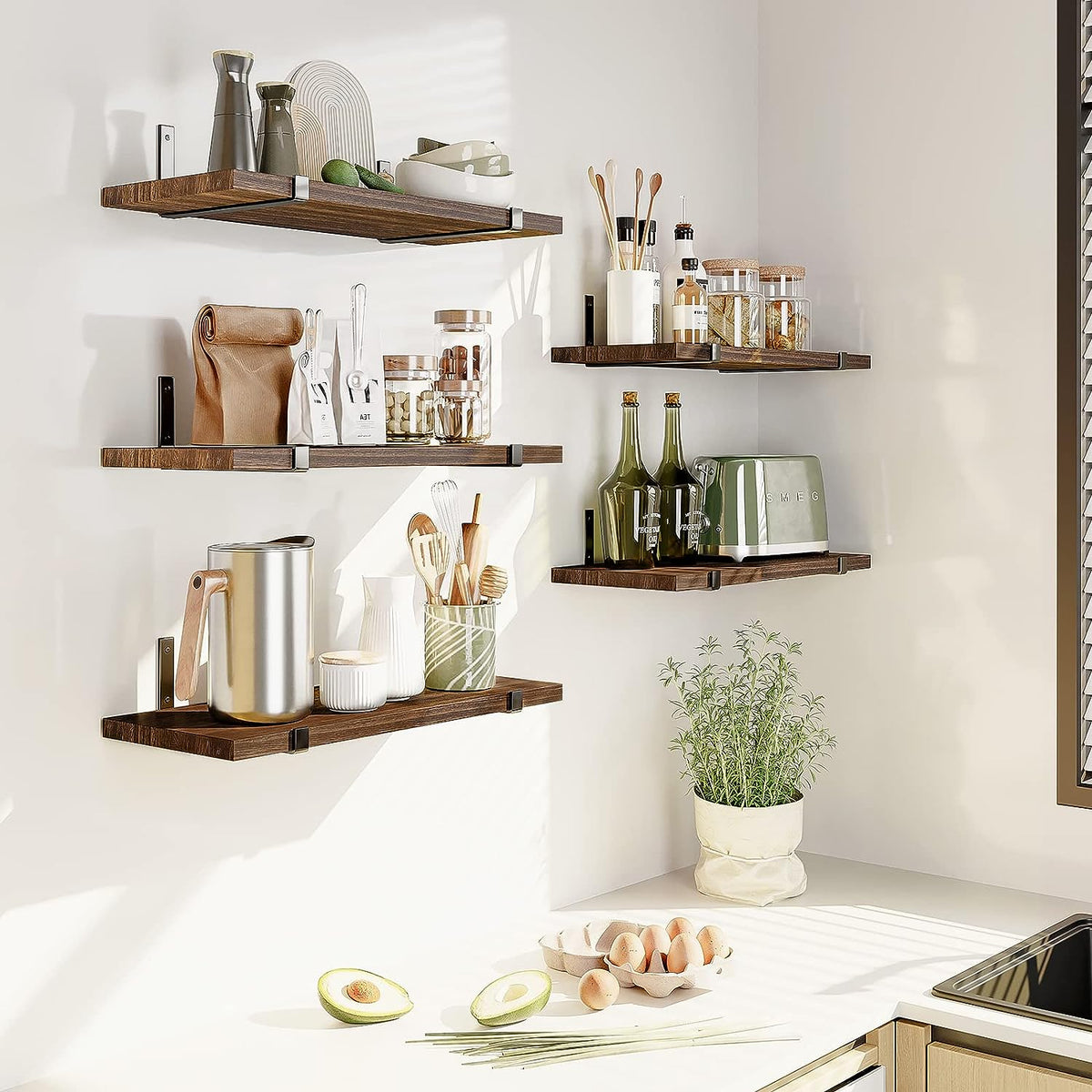 Fixwal Floating Shelves Set of 5, Width 4.7 Inches Wall Shelves, Rustic Wood Wall Storage Shelves for Bedroom, Living Room, Kitchen, Bathroom, Home Decor, Office and Plants (Dark Carbonized Black)