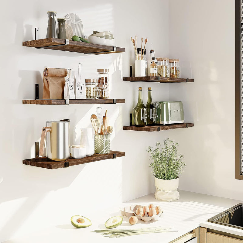 Fixwal Floating Shelves Set of 5, Width 4.7 Inches Wall Shelves, Rustic Wood Wall Storage Shelves for Bedroom, Living Room, Kitchen, Bathroom, Home Decor, Office and Plants (Dark Carbonized Black)