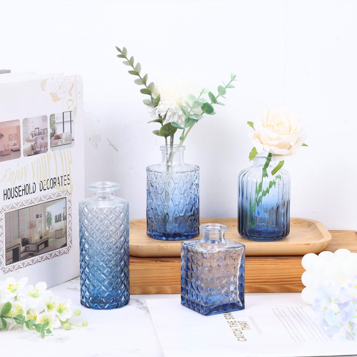 12 Pack Blue Glass Bud Vase Set, Small Vintage Vases for Centerpieces, Decorative Flower Vases for Wedding Home Table Decor