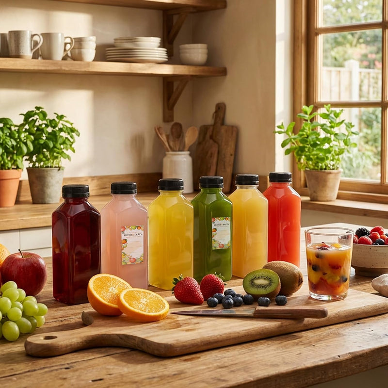 150pcs Juice Bottles, 12oz Reusable Plastic Juice Bottles with Caps and Labels, Funnel, Brush Beverage Containers for Juicing, Smoothies, Tea, Milk