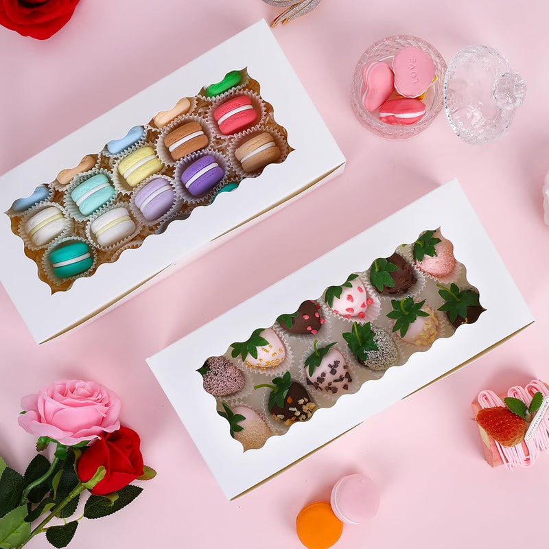 Moretoes 30pcs Auto-Popup Cookie Boxes, 12x5.5x2.5 Inch White Bakery Box with Window for Treats, Chocolate Covered Strawberry, Donuts, Pastries, Cake Pop