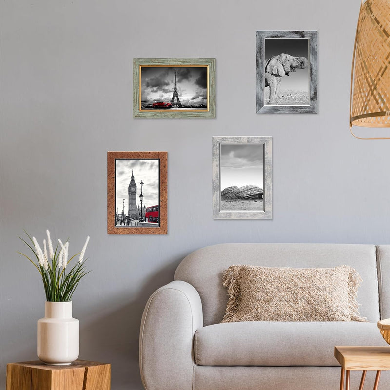 Fixwal 4x6 Picture Frame Set of 5, Vintage Photo Frame, Rustic Retro Picture Frame with Tempered Glass, Decorative Art on Walls and Tabletop Placement
