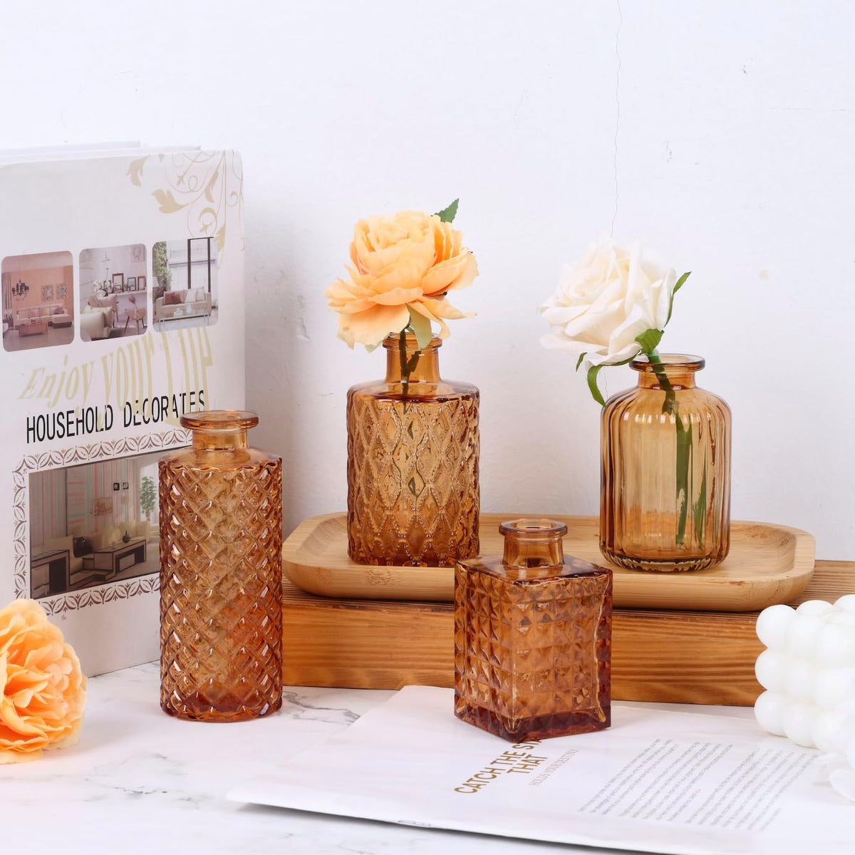 12 Pack Amber Gold Glass Bud Vase Set, Small Vintage Vases for Centerpieces, Decorative Flower Vases for Wedding Home Table Decor
