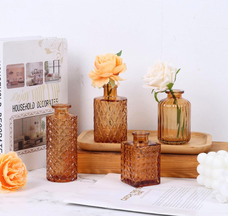 12 Pack Amber Gold Glass Bud Vase Set, Small Vintage Vases for Centerpieces, Decorative Flower Vases for Wedding Home Table Decor