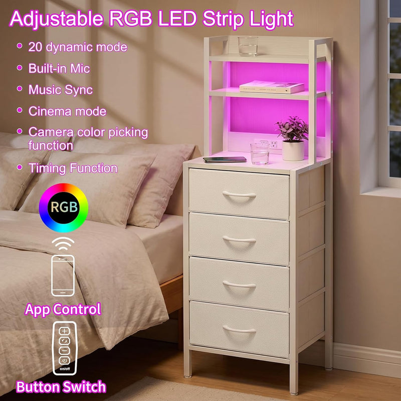 Fixwal 47 Inch Tall Nightstand with Charging Station, Led Night Stand with Socket, 4 PU Finished Fabric Storage Drawers, Office, Bedside Table & Bookshelf in One, White