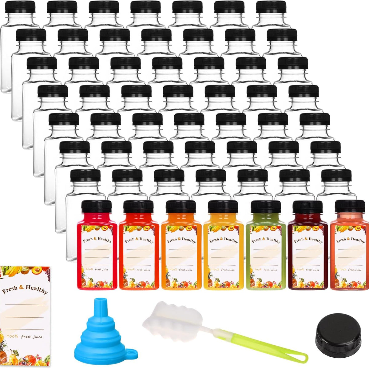 Moretoes 56pcs 8oz Plastic Juice Bottles with Caps, Reusable Clear Plastic Juicing Bottles Juice Containers with Lids Suitable for Milk, Milkshakes and Other Juiced Beverages