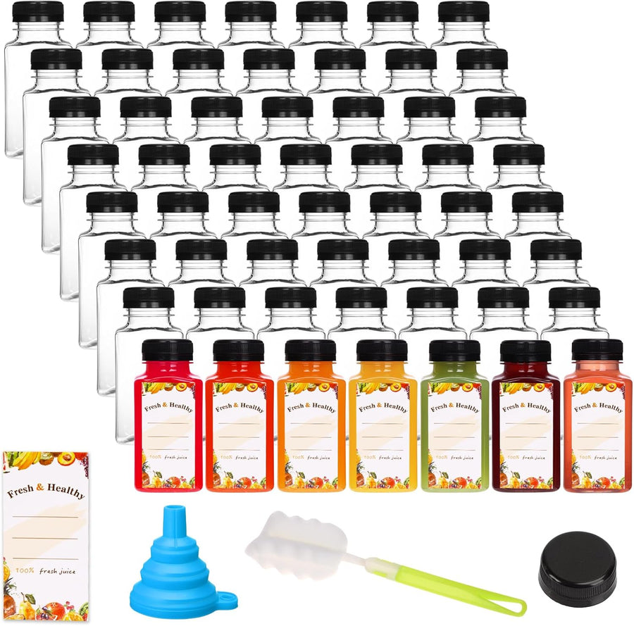 56pcs 8oz Plastic Juice Bottles with Caps, Reusable Clear Plastic Juicing Bottles Juice Containers with Lids Suitable for Milk, Milkshakes and Other Juiced Beverages
