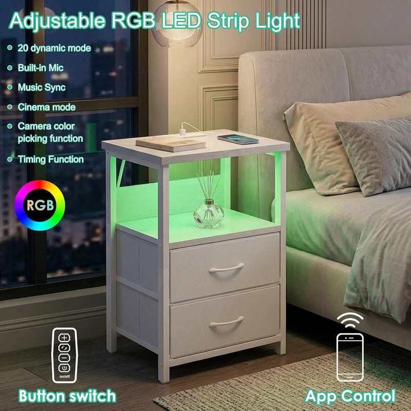 Fixwal White Nightstand for Women Bedroom, LED Night Stand with Charging Station, Bed Side Table with 2 Fabric Storage Drawers