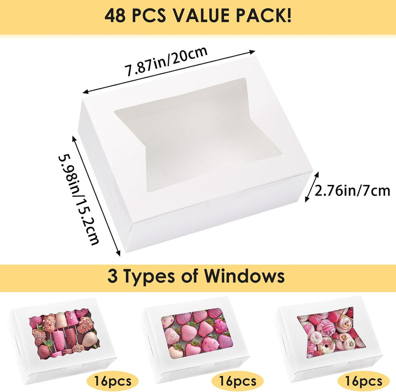 Moretoes 48pcs Cookie Boxes with Window, 8x6x2.5 Inch 3 Style Pastry Boxes for Treat, Chocolate Covered Strawberries, Candy, Muffins, Donuts