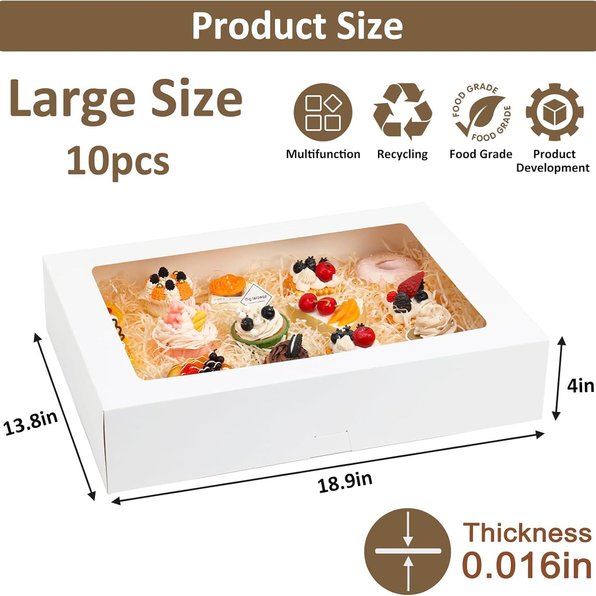 Moretoes 10pcs 19x14x4in Half Sheet Cake Boxes with Window, White Cookie Boxes, for Pastry Baking Cake Donuts Cupcake Pie Packaging, Auto-Popup