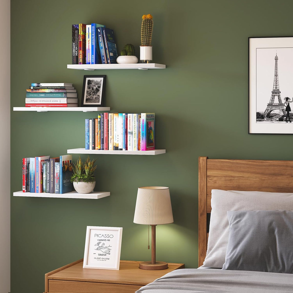 Fixwal Wall Floating Shelves for Bedroom Decor, 4 Sets Wood Floating Shelves for Wall, Wall Mounted Floating Shelf for Bathroom Storage, Book Shelf - White