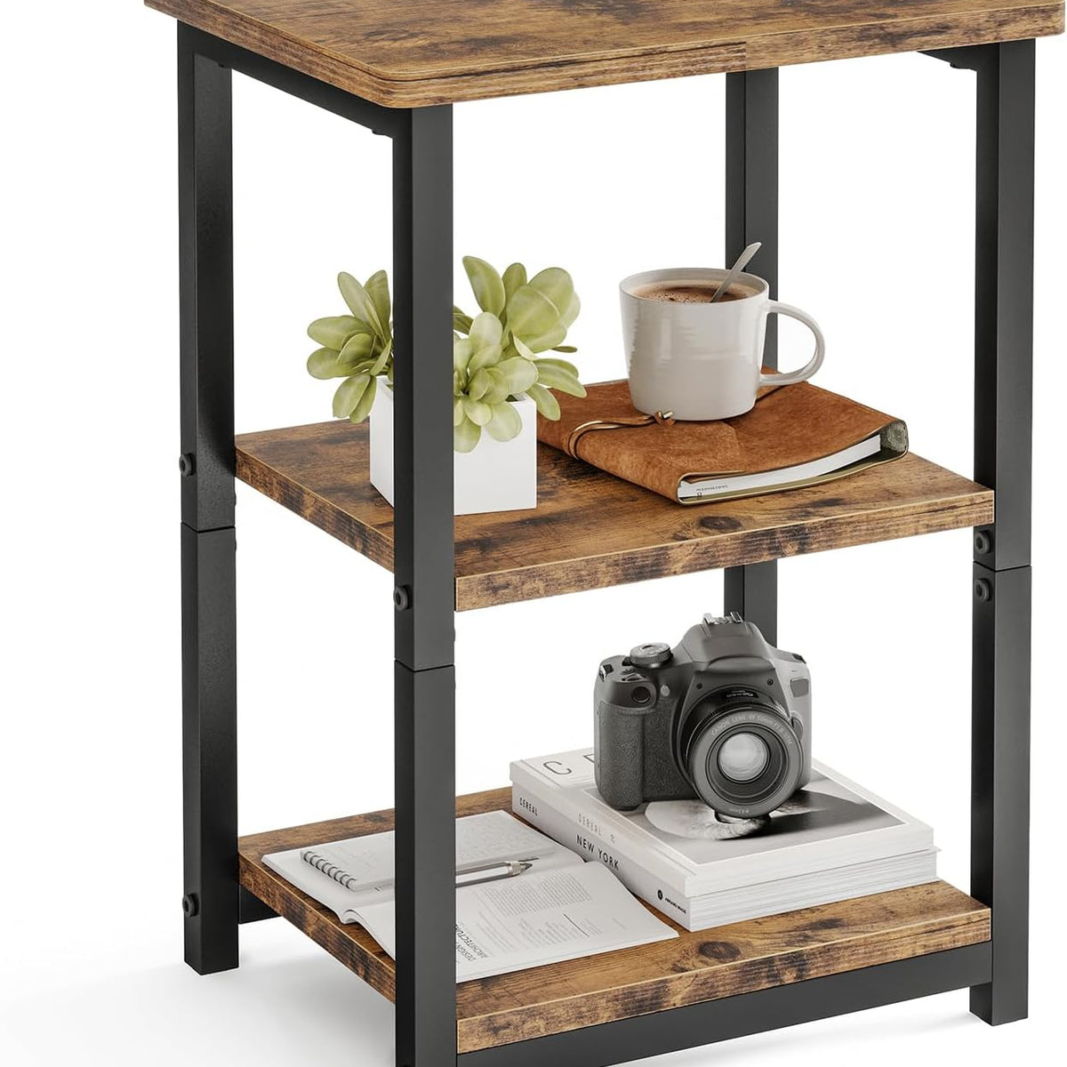 Fixwal Side Table 3-Tier Small End Table, Sofa Table Nightstand for Living Room, Bedroom, Office, Rustic Brown and Black