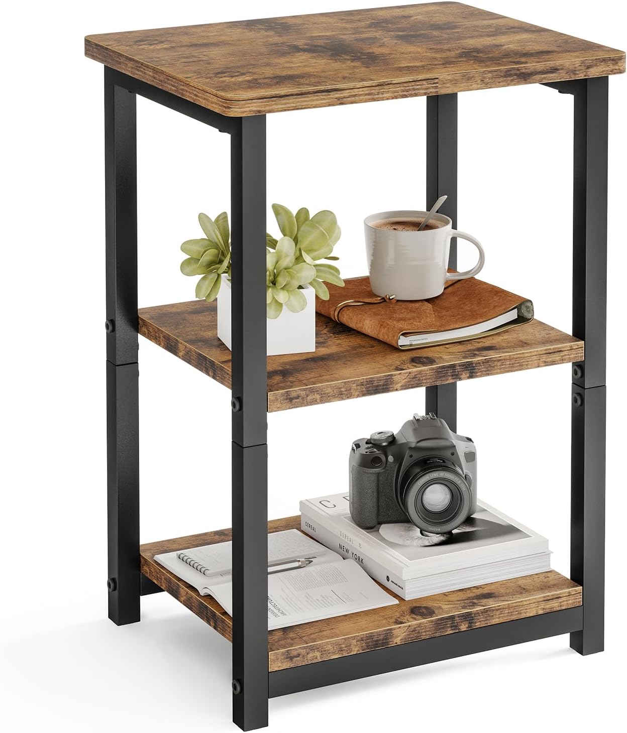 Fixwal Side Table 3-Tier Small End Table, Sofa Table Nightstand for Living Room, Bedroom, Office, Rustic Brown and Black