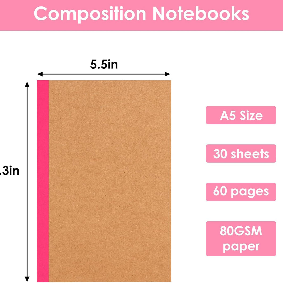 20 Pack A5 Kraft Notebooks, Lined Journal Bulk with Rainbow Spine, 10 Colors, 60 Pages Soft Cover Composition Notebooks for Women Girls Kids, School Office Supplies