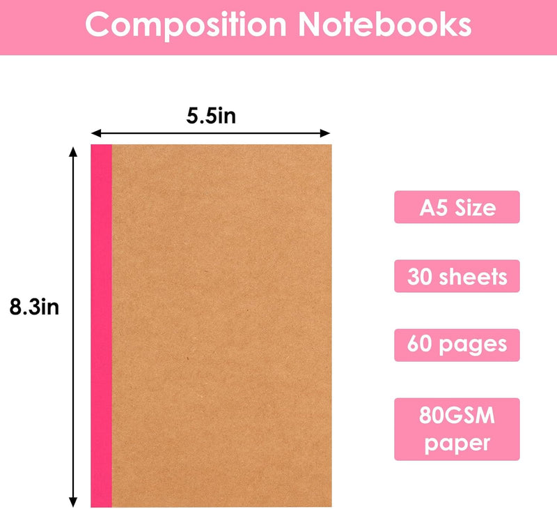 20 Pack A5 Kraft Notebooks, Lined Journal Bulk with Rainbow Spine, 10 Colors, 60 Pages Soft Cover Composition Notebooks for Women Girls Kids, School Office Supplies