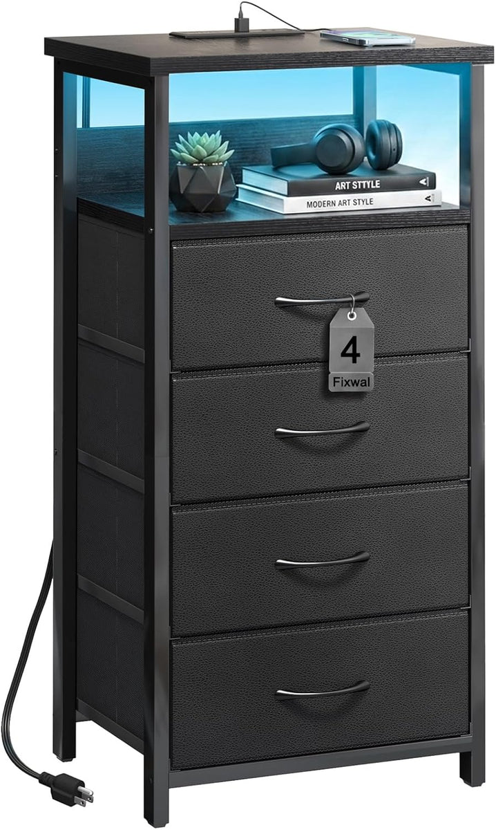 Fixwal Night Stand with 4 Fabric Storage Drawers, Tall Nightstand Bedside Table with Charging Station & Led Lights, Fabric Dresser for Bedroom, Black