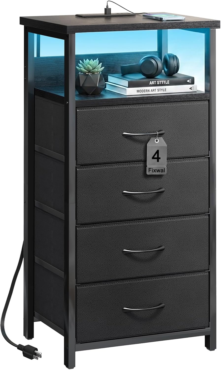 Night Stand with 4 Fabric Storage Drawers, Tall Nightstand Bedside Table with Charging Station & Led Lights, Fabric Dresser for Bedroom, Black