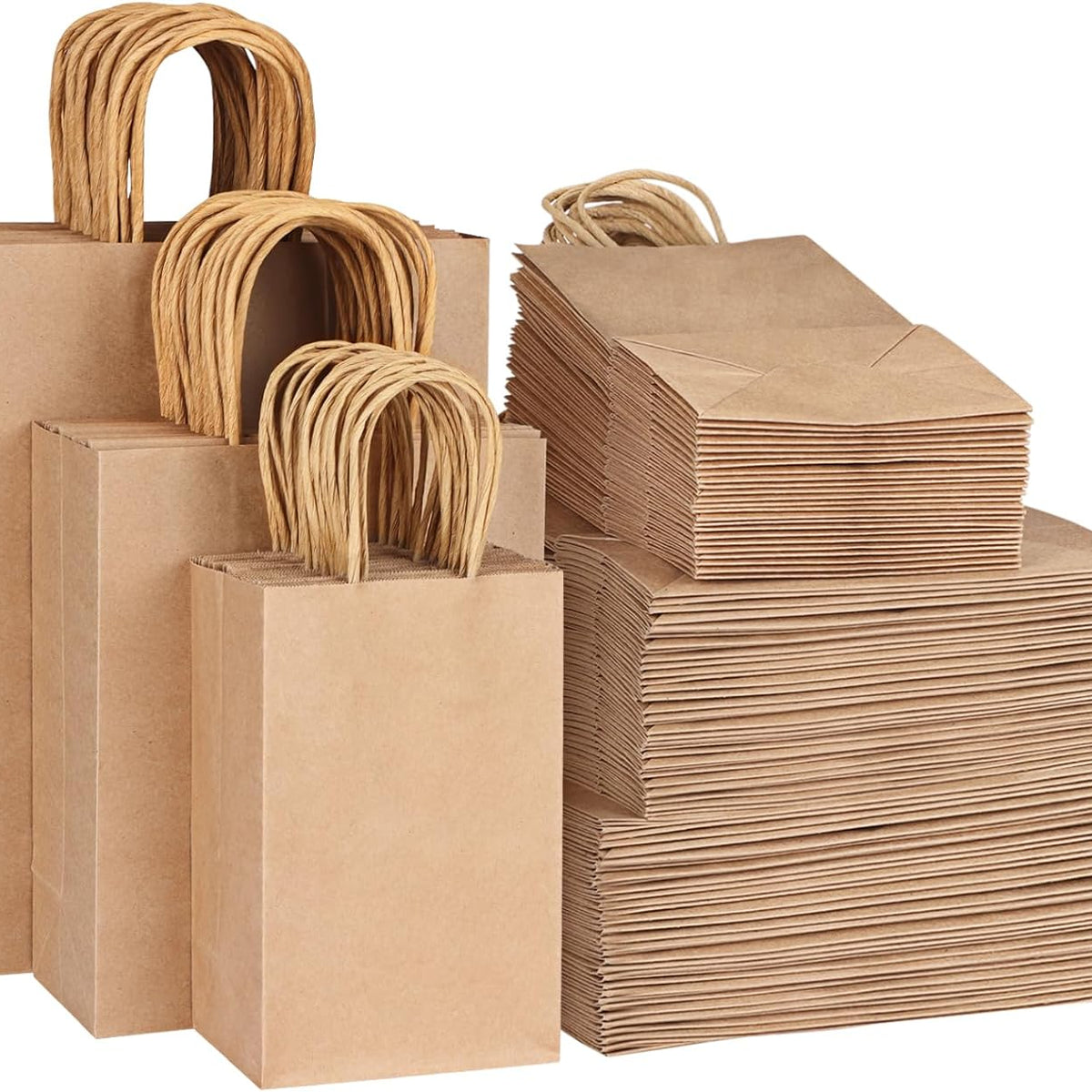 Moretoes 150pcs Brown Paper Bags, (8/10/12.6 Inches) 50 Per Size Kraft Paper Gift Bags with Handles Bulk, Assorted Sizes for Small Business, Shopping, Retail, Gift