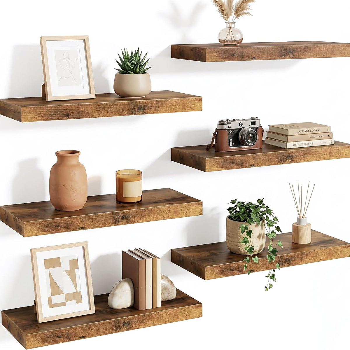 Fixwal 15.7in Floating Shelves, Set of 6 Wood Shelves, Farmhouse Shelf Wall Decor for Bathroom, Bedroom, Living and Kitchen Room (Rustic Brown)