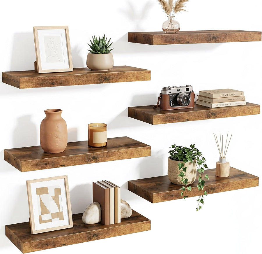 15.7in Floating Shelves, Set of 6 Wood Shelves, Farmhouse Shelf Wall Decor for Bathroom, Bedroom, Living and Kitchen Room (Rustic Brown)