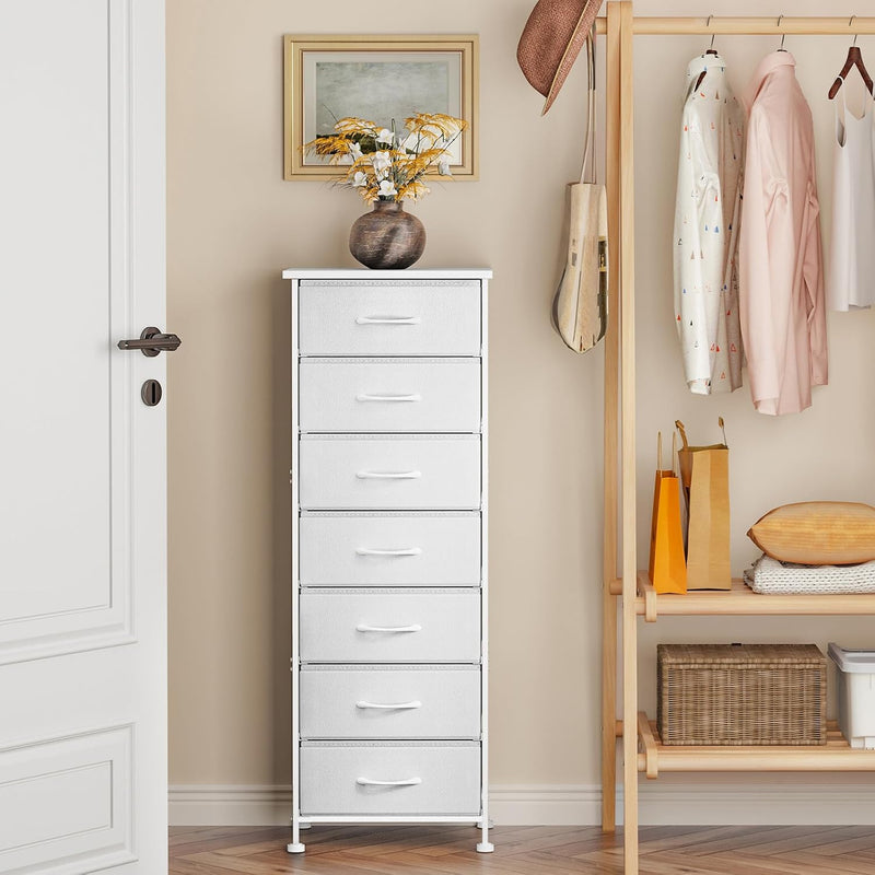 White Tall Dresser for Bedroom, Storage Dresser Organizer with 7 Fabric Drawers, Nightstand Furniture in Closet, Entryway, Hallway