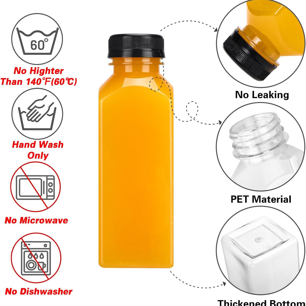 Moretoes 200pcs 12oz Plastic Juice Bottles with Caps, Clear Empty Reusable Water Bottles, Disposable Beverage Containers Bulk for Juicing Smoothies Turmeric Juice Milk and Other Beverages