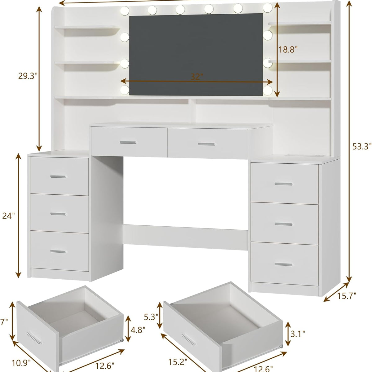 Large Vanity Desk with Mirror & Lights, White Makeup Vanity with 8 Drawers & 6 Storage Shelves, Vanity Set with LED Lights and Power Outlet, 3 Lighting Modes, Adjustable Brightness