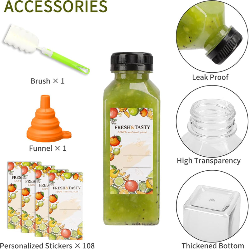 100pcs Juice Bottles, 12oz Plastic Bottles with Caps, Reusable Juice Bottles with Caps Clear Bulk Beverage Containers with Lids, Label, Funnel and Brush for Juicing, Milk, Smoothie and Beverages