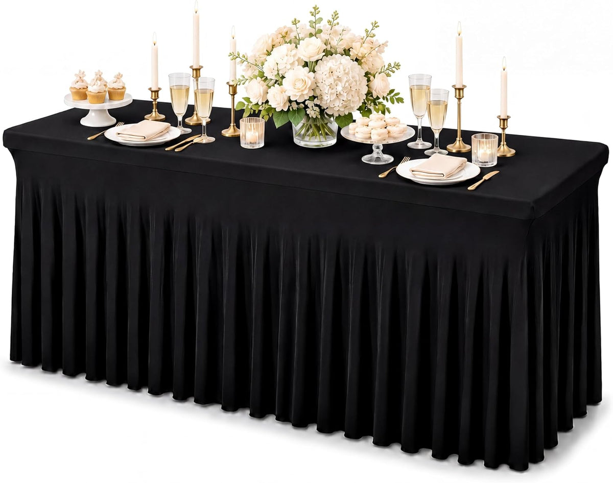Fixwal Black Spandex Tablecloth for Rectangle Table 6ft, Table Skirt for Folding Table, Table Cover for Party, Show, Wedding and Birthday