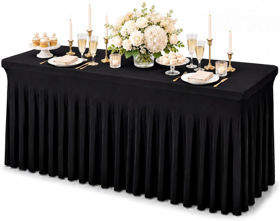 Black Spandex Tablecloth for Rectangle Table 6ft, Table Skirt for Folding Table, Table Cover for Party, Show, Wedding and Birthday