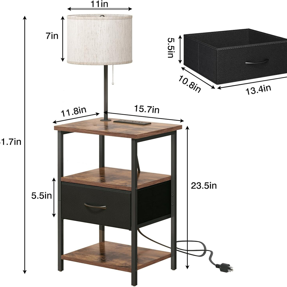 Fixwal Nightstand with Lights Bedside Table with 3 Color Temperatures Bulb, Night Stand with Charging Station End Table with Adjustable Fabric Drawer for Bedroom Dorm