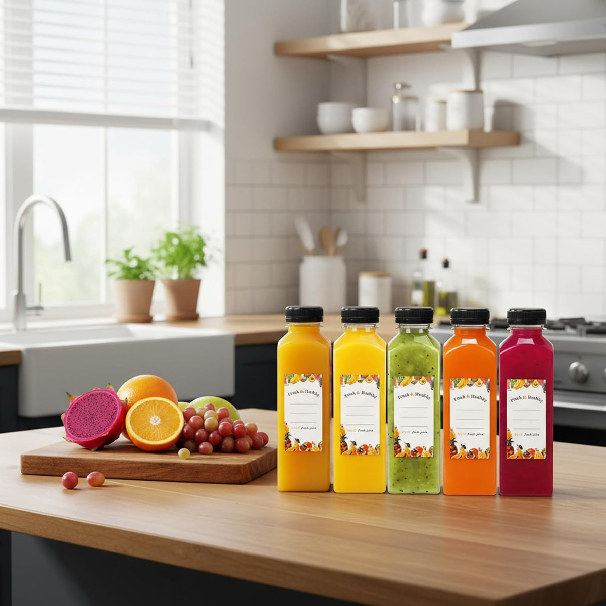 Moretoes 128pcs 16oz Plastic Juice Bottles with Caps, Bulk Clear Reusable Juicing Bottles for Smoothies and Other Beverages