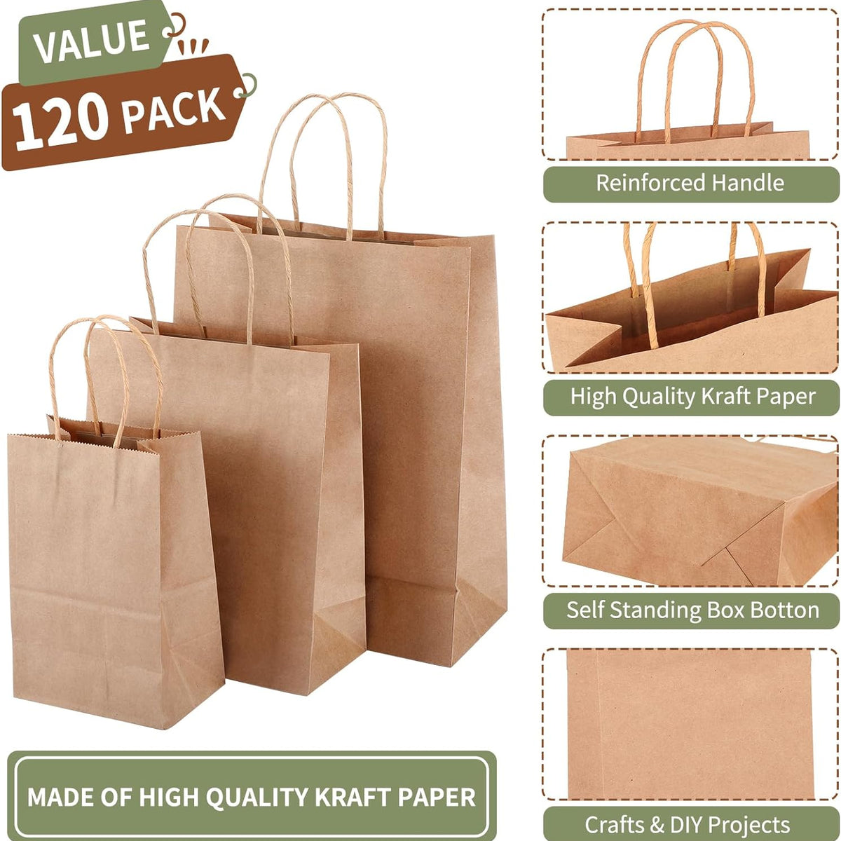 120pcs Brown Paper Bags with Handles Assorted Sizes Mixed Sizes Bulk Kraft Paper Gift Bags for Business, Shopping, Retail