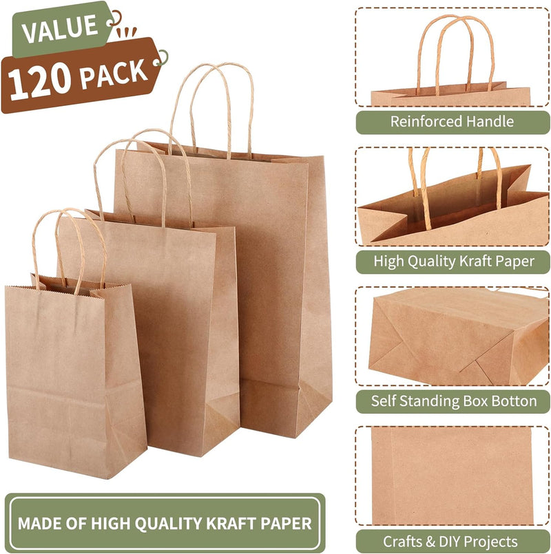 120pcs Brown Paper Bags with Handles Assorted Sizes Mixed Sizes Bulk Kraft Paper Gift Bags for Business, Shopping, Retail