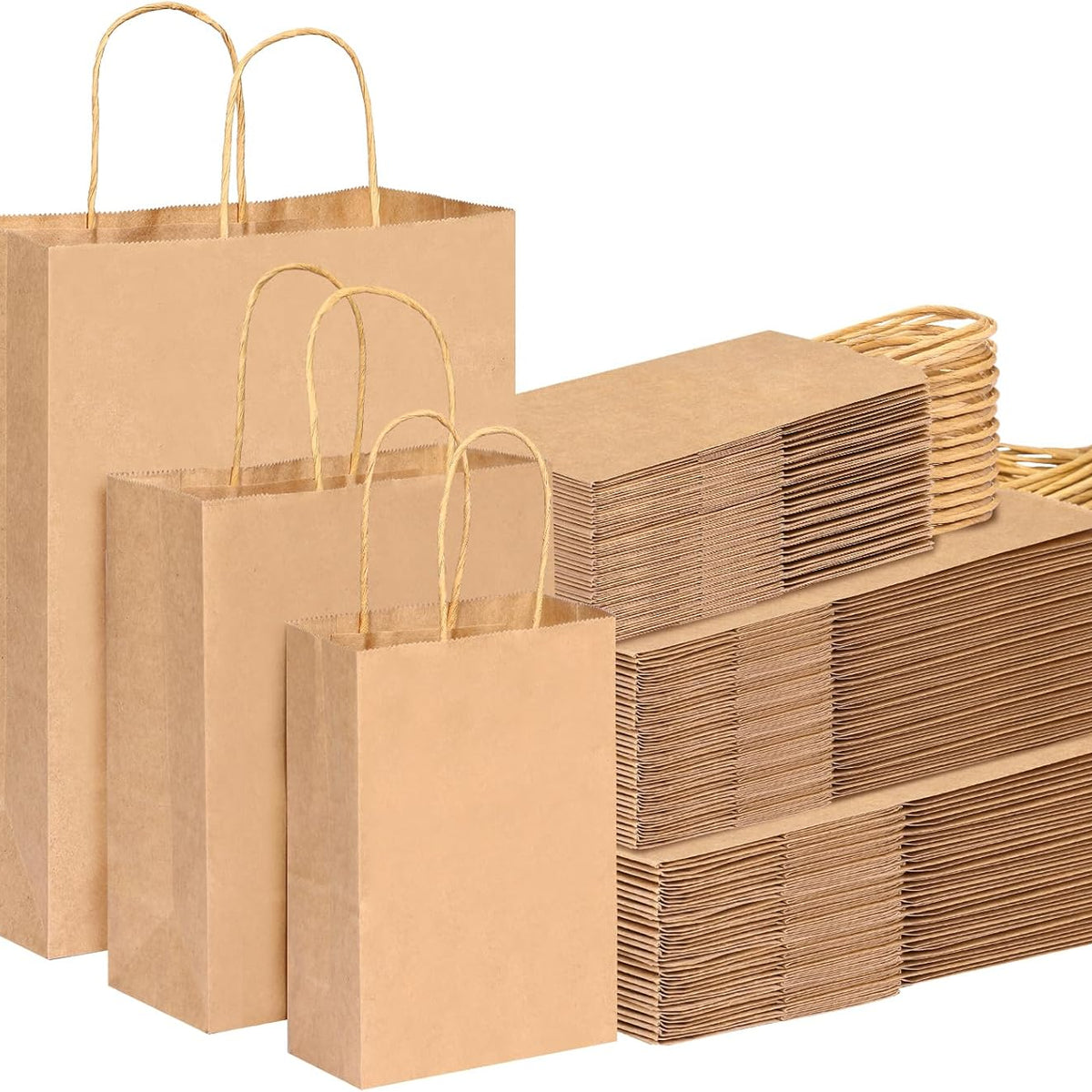Moretoes 150pcs Brown Paper Bags, (8/10/12.6 Inches) 50 Per Size Kraft Paper Gift Bags with Handles Bulk, Assorted Sizes for Small Business, Shopping, Retail, Gift