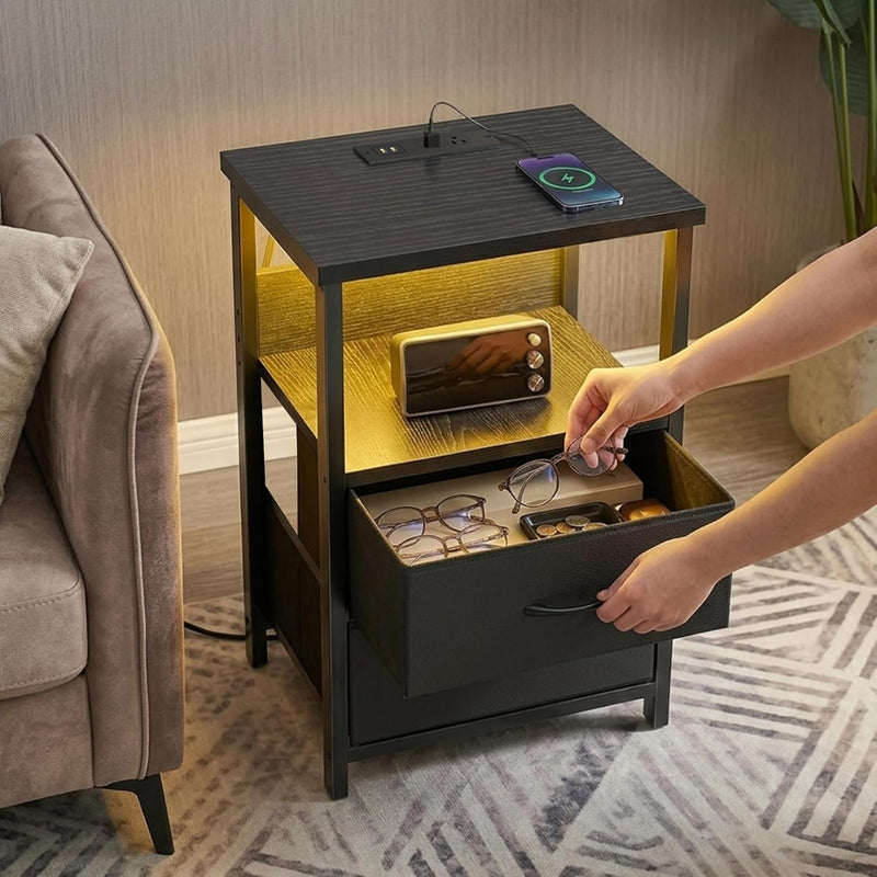 Fixwal Night Stand with Charging Station, LED Nightstand Small Dorm Room Furniture, 2 Fabric Storage Drawers, Bedside Table End Tables Bedroom Decor, Modern Black