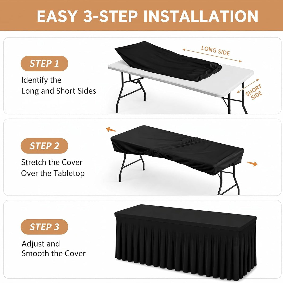 Fixwal Black Spandex Tablecloth for Rectangle Table 6ft, Table Skirt for Folding Table, Table Cover for Party, Show, Wedding and Birthday