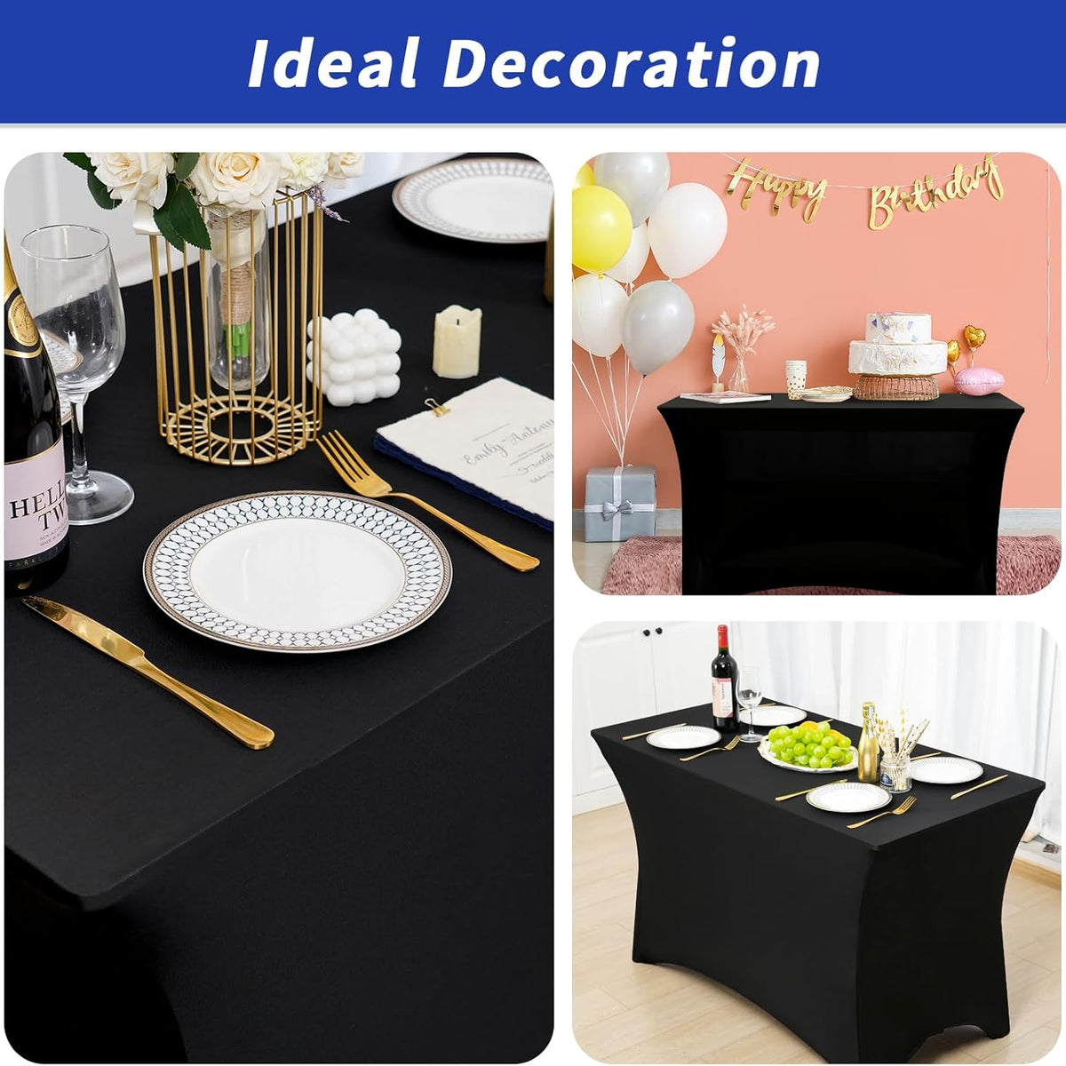Fixwal 3 Pack Black Table Cloths Rectangle 4ft, Stretch Spandex Fitted Table Covers for Parties, Trade Shows, Banquet, Weddings, Buffet, Graduation Decorations