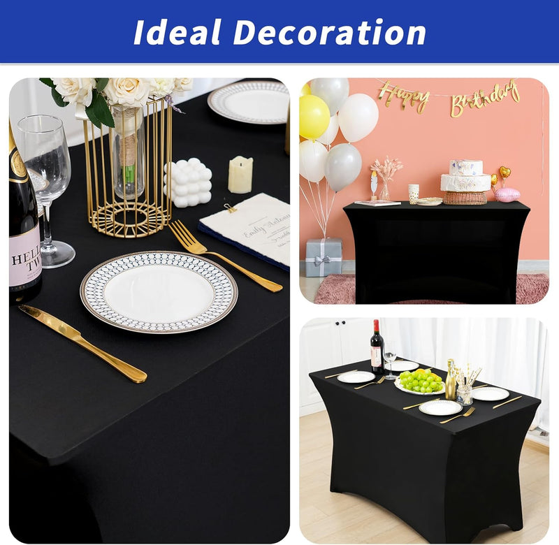 Fixwal 3 Pack Black Table Cloths Rectangle 4ft, Stretch Spandex Fitted Table Covers for Parties, Trade Shows, Banquet, Weddings, Buffet, Graduation Decorations