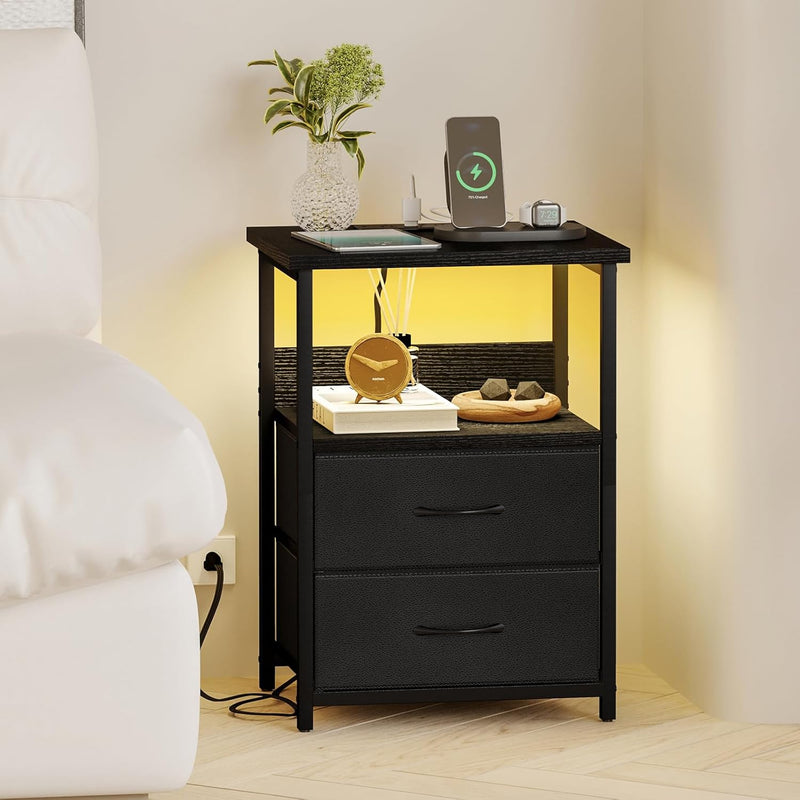 Nightstand Set of 2 Night Stand with Charging Station, LED Nightstand with Fabric Drawers, End Table with PU Finish, Bed Side Table, Black