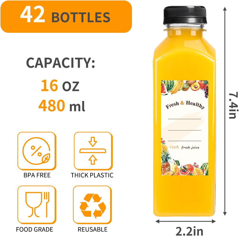 Moretoes 42pcs 16oz Plastic Juice Bottles with Caps, Reusable Juicing Bottles with Lids, Clear Containers for Smoothies and Other Beverages