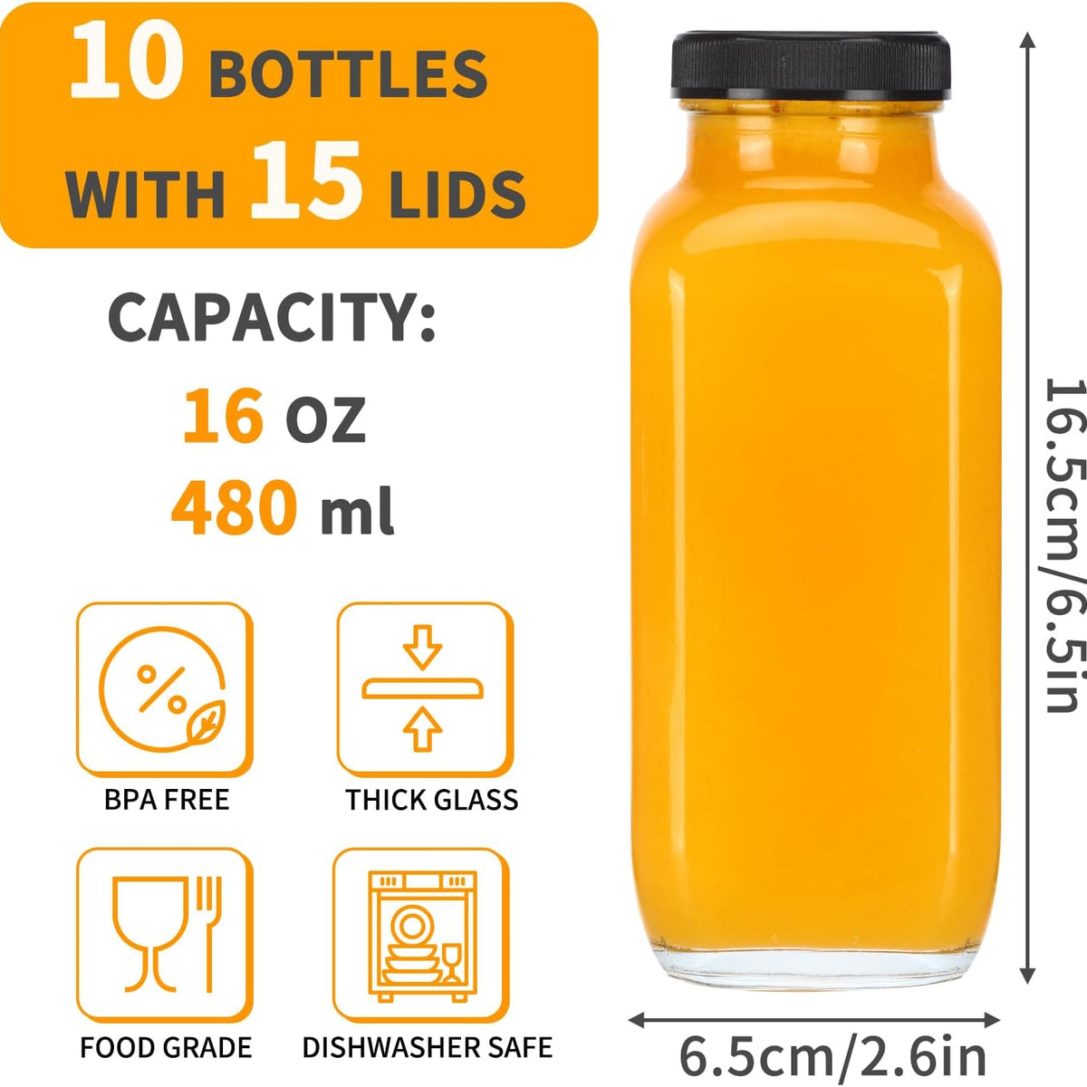 10pcs 16oz Glass Juice Bottles with Lids, Reusable Juice Containers Drinking Jars Water Cups with Brush, Glass Straws, Lids with Hole