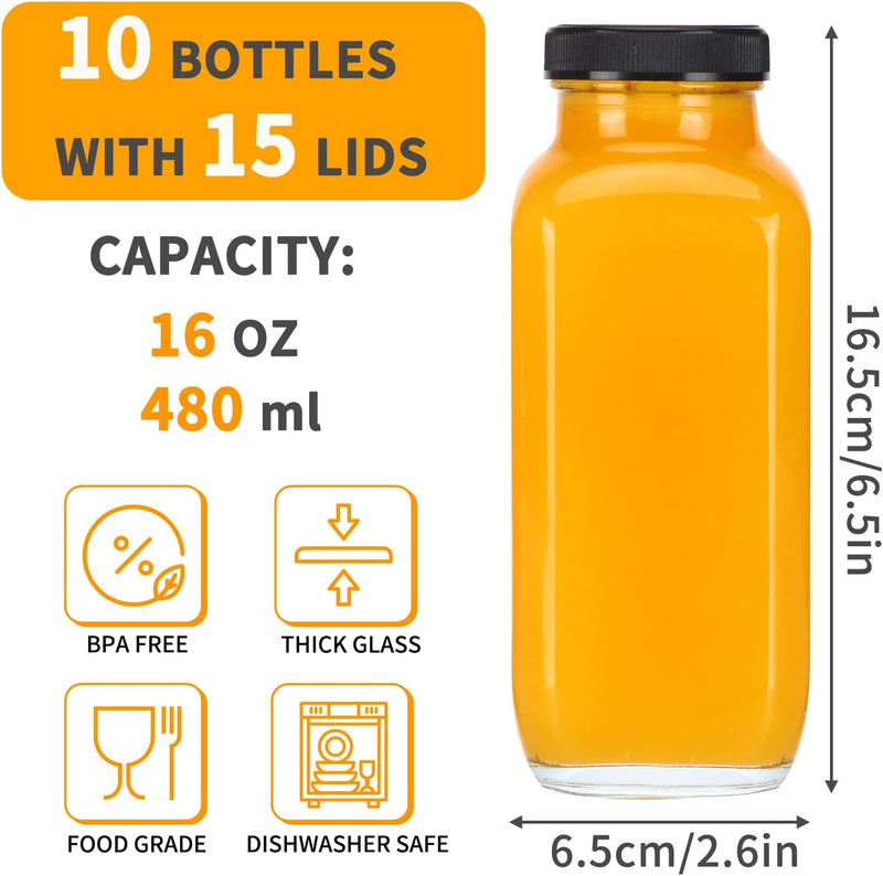 10pcs 16oz Glass Juice Bottles with Lids, Reusable Juice Containers Drinking Jars Water Cups with Brush, Glass Straws, Lids with Hole