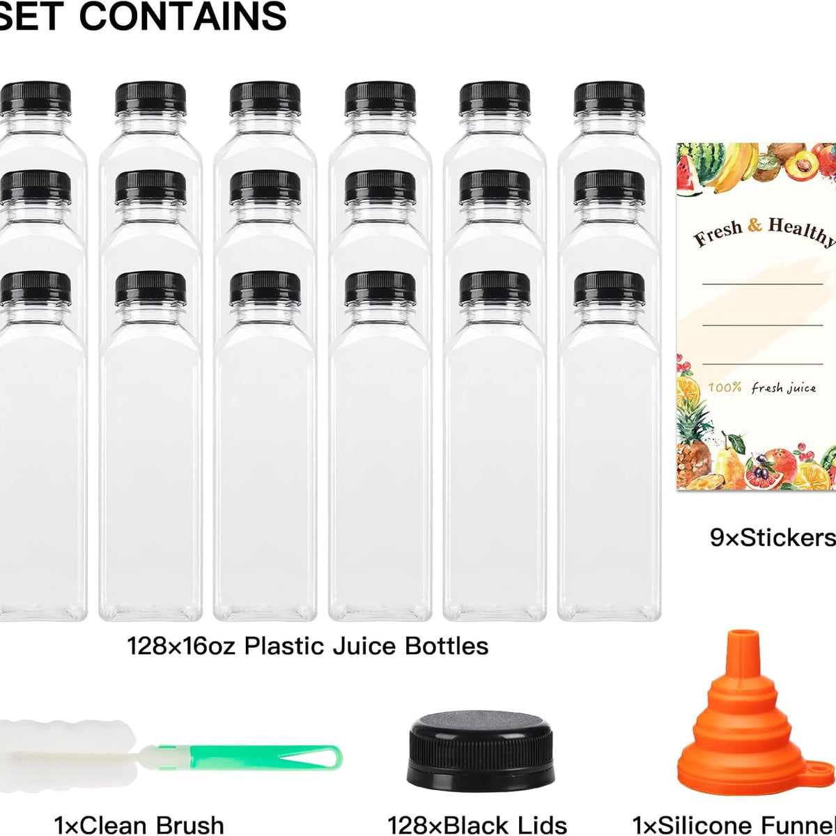 Moretoes 128pcs 16oz Plastic Juice Bottles with Caps, Bulk Clear Reusable Juicing Bottles for Smoothies and Other Beverages