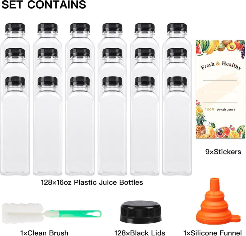 Moretoes 128pcs 16oz Plastic Juice Bottles with Caps, Bulk Clear Reusable Juicing Bottles for Smoothies and Other Beverages