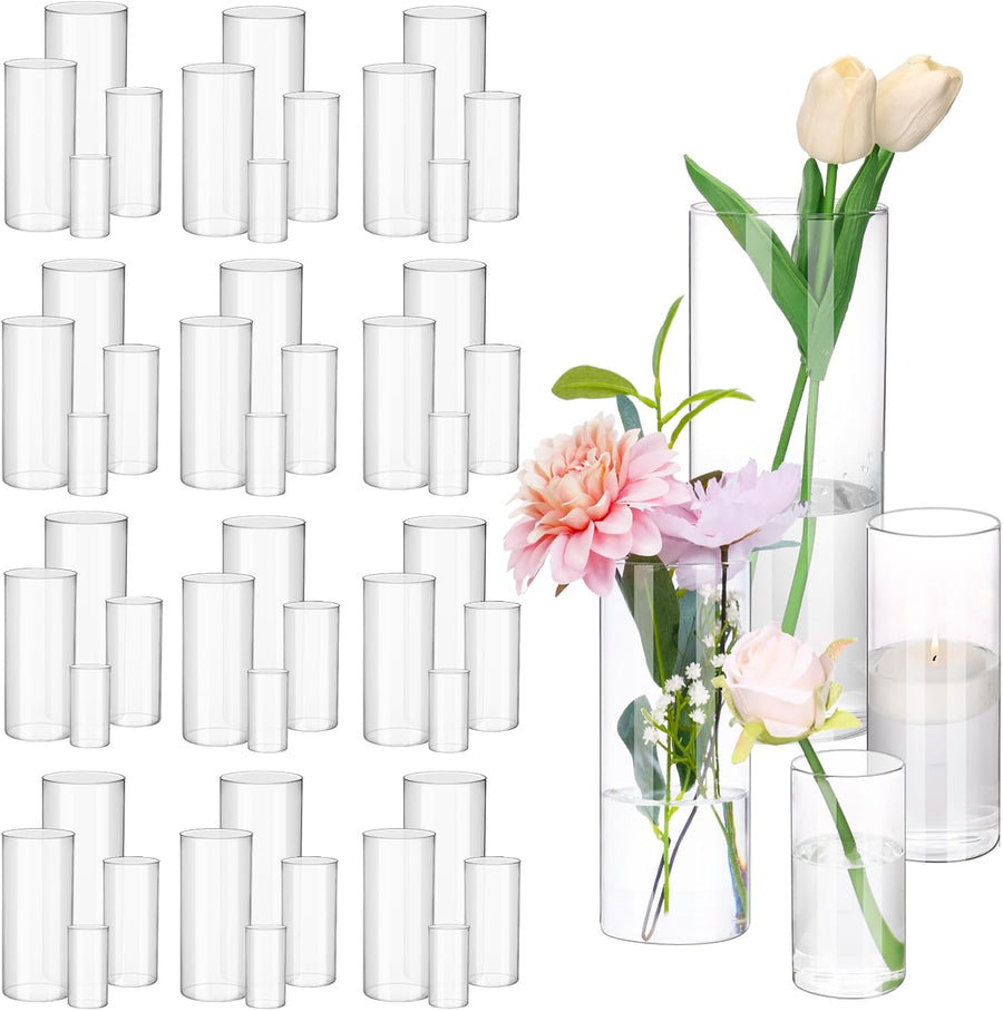 48pcs Clear Glass Cylinder Vases, 4, 6, 8, 10 Inch Tall Cylinder Vases for Centerpieces, Glass Flower Vase, Floating Candle Holder Vase for Table Shelf, Party, Wedding, Home Decor