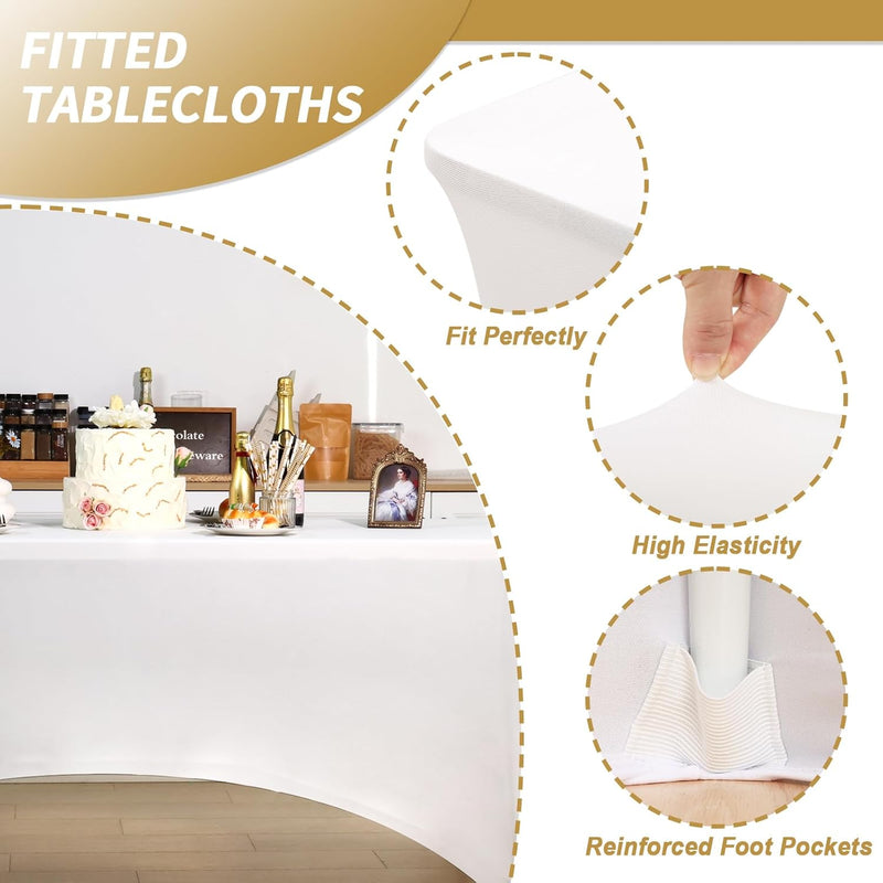 Fixwal 3 Pack Pearl White Tablecloth Rectangle 8Ft, Stretch Spandex Fitted Table Cover for Party, Trade Show, Wedding, Buffet, Graduation, Vendor Stand