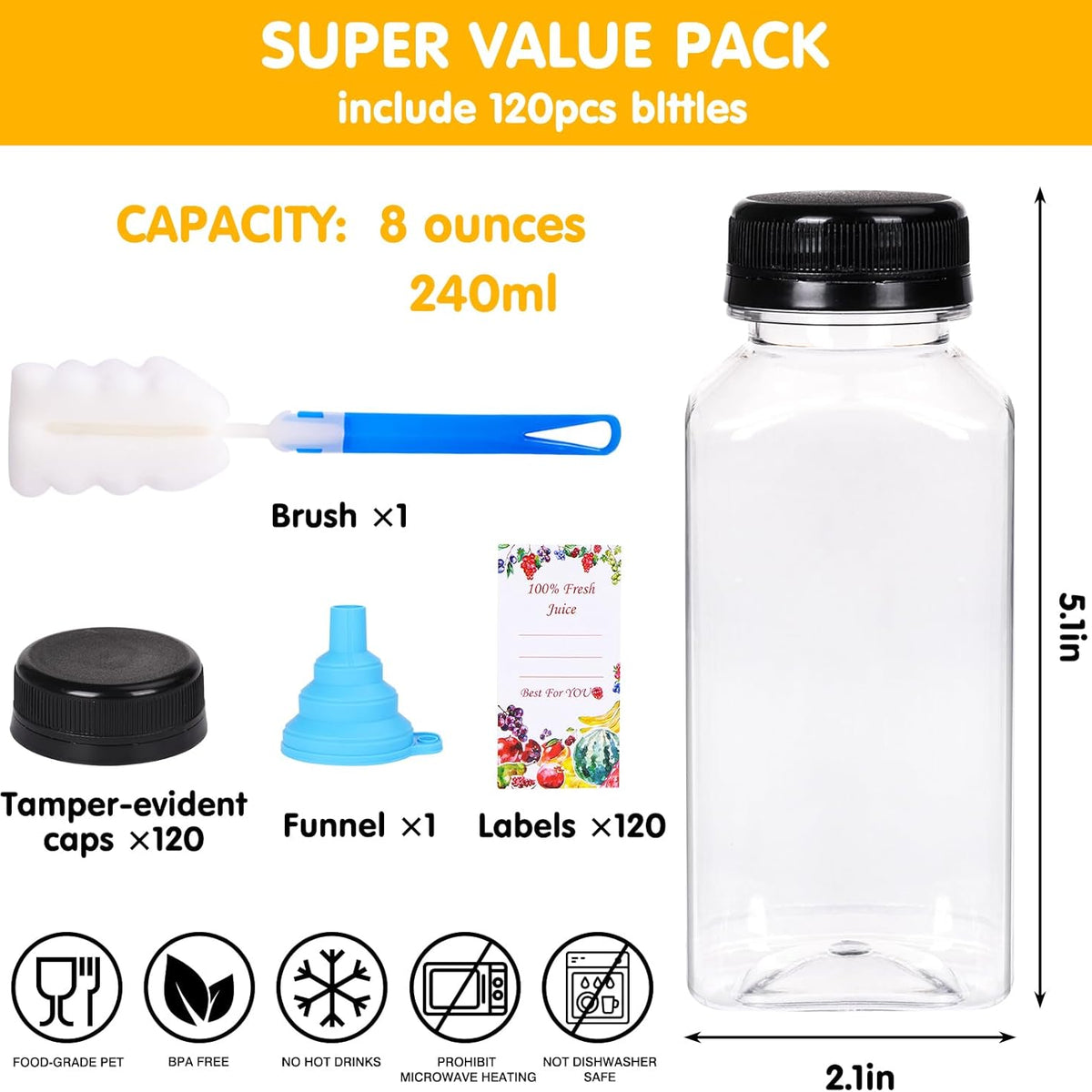 120pcs 8oz Plastic Juice Bottles with Caps, Reusable Clear Juice Containers with Labels, Funnel and Brush for Juicing, Smoothie, Milk