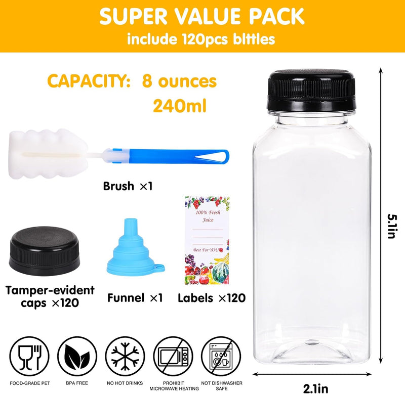 120pcs 8oz Plastic Juice Bottles with Caps, Reusable Clear Juice Containers with Labels, Funnel and Brush for Juicing, Smoothie, Milk