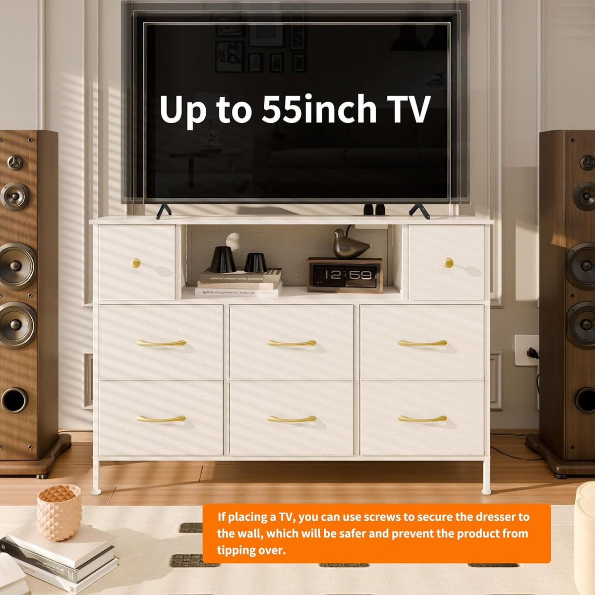 Fixwal Dresser for Bedroom with Power Outlets and LED Lights, White 55" TV Stand with 8 Drawers, Fabric Chest of Drawers with PU Finish for Living Room, Entryway